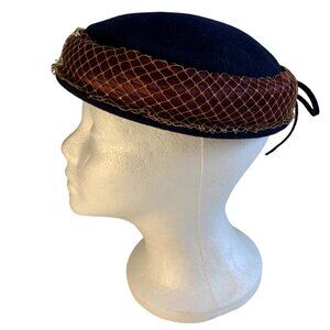 Henry Pollak Co Navy & Burgundy Wool Hat Gold Net Vintage Style Adjustable